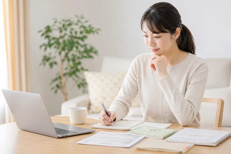 自宅の机でノートパソコンを見ながら書類に記入している女性