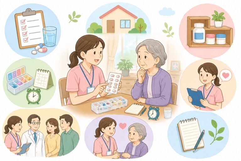 服薬管理の場面を描いたイラスト。薬のシートを見せる看護師と高齢の女性、薬ケースと連絡ノート