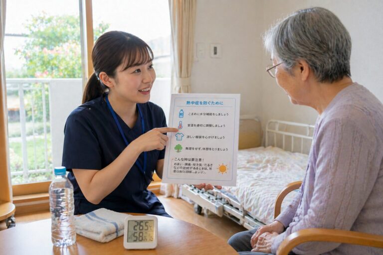 熱中症予防の説明シートを指しながら、高齢の女性に話しかける看護師。手前に温湿度計と水
