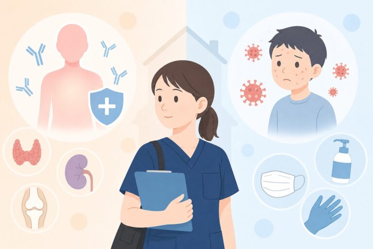 抗体と免疫を表した図と、発疹の出た人物、マスクや手袋などの感染対策用品を並べたイラスト