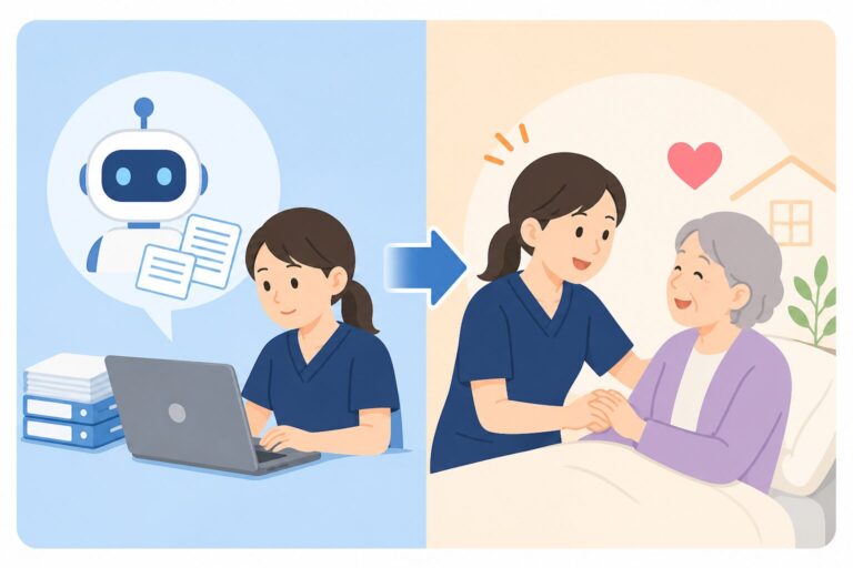 パソコンで記録を書く看護師と、利用者様の手を取って話す看護師を並べたイラスト