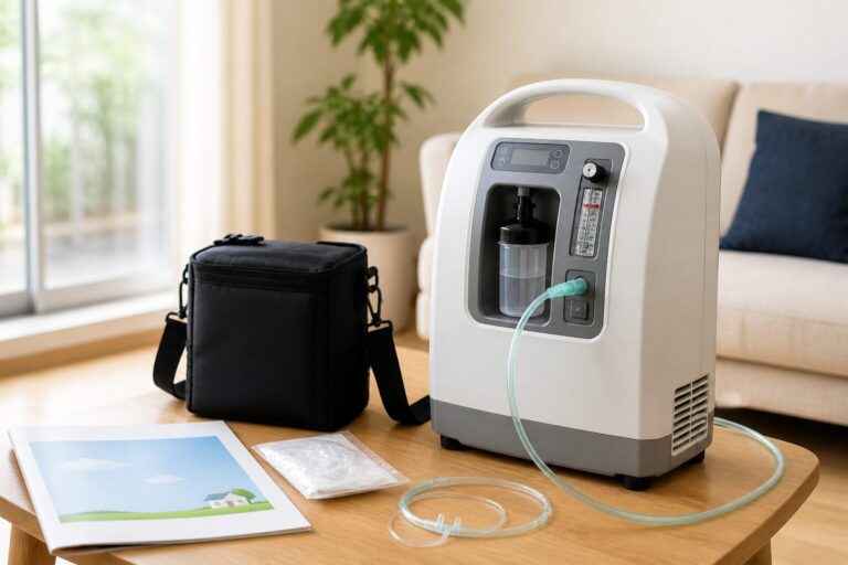 居間のテーブルに置かれた酸素濃縮装置と携帯用のバッグ、カニューレのチューブ