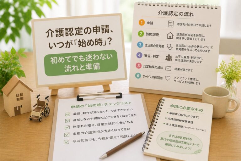 介護認定の申請の流れと、始め時のチェックリストを並べたボード。家と車いすの模型