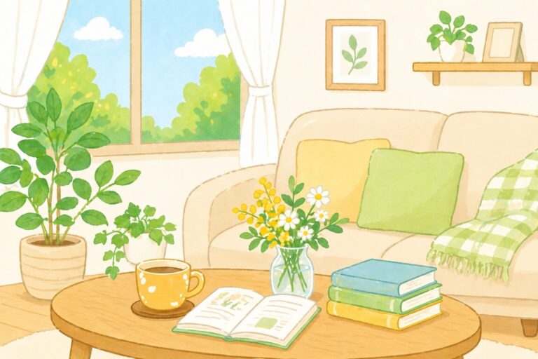 窓辺のソファと丸テーブル、開いた本とコーヒー、花瓶に生けた花を描いたイラスト
