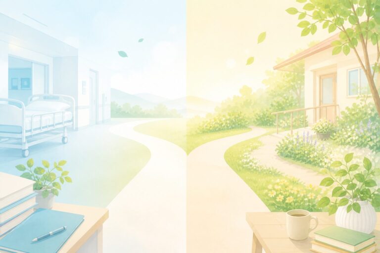 病院の病室から自宅の庭先へと道が続いていく様子を描いたイラスト