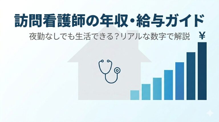訪問看護師の年収・給与ガイドという見出しと、家の形と右上がりの棒グラフ