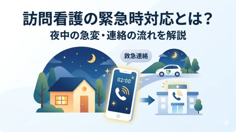 訪問看護の緊急時対応とは？という見出しと、夜中の家からの電話が事業所につながる図
