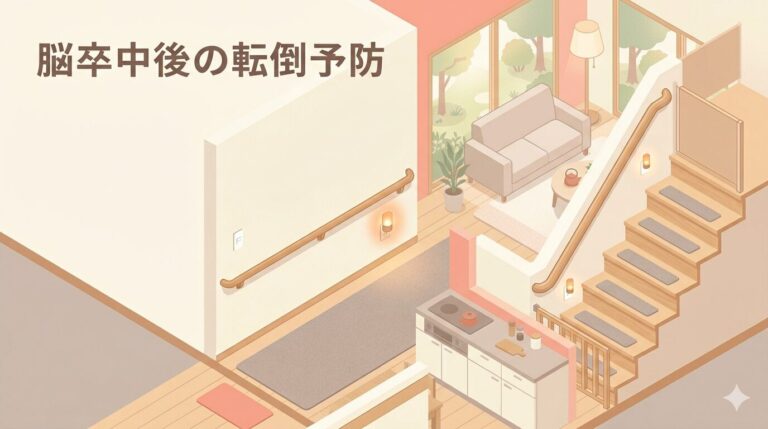 脳卒中後の転倒予防という見出しと、手すりや足元灯を配置した住宅の断面図