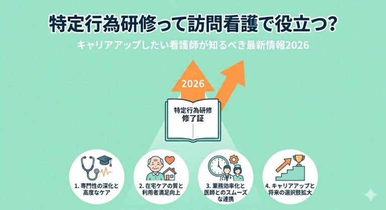 特定行為研修って訪問看護で役立つ？という見出しと、修了証と4つの利点を示した図