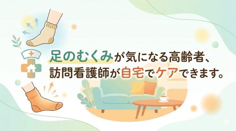 足のむくみが気になる高齢者、訪問看護師が自宅でケアできますという見出しと、靴下をはいた足のイラスト