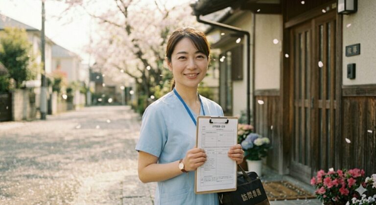 桜の咲く住宅街で、訪問看護の書類とかばんを持って笑顔で立つ看護師