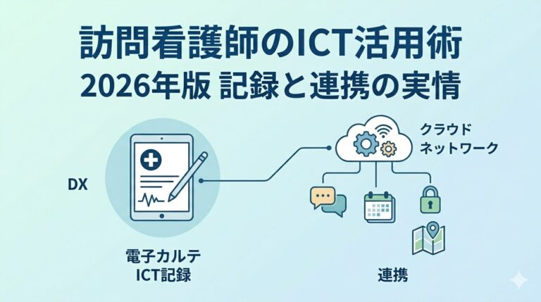訪問看護師のICT活用術2026年版という見出しと、電子カルテとクラウド連携を表した図
