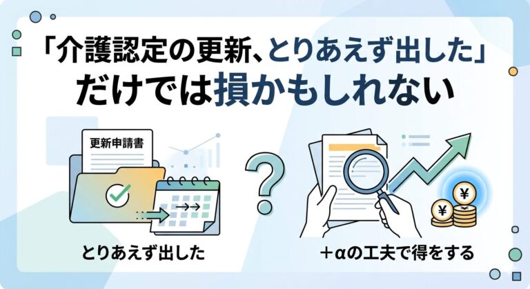 介護認定の更新をとりあえず出しただけでは損かもしれないという見出しと、申請書と虫眼鏡のイラスト