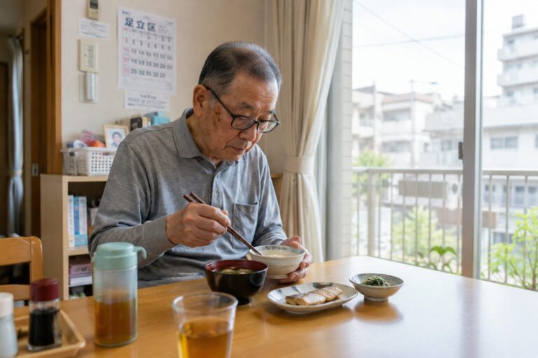 自宅の食卓で朝食をとる高齢の男性。壁に足立区のカレンダーが掛かっている