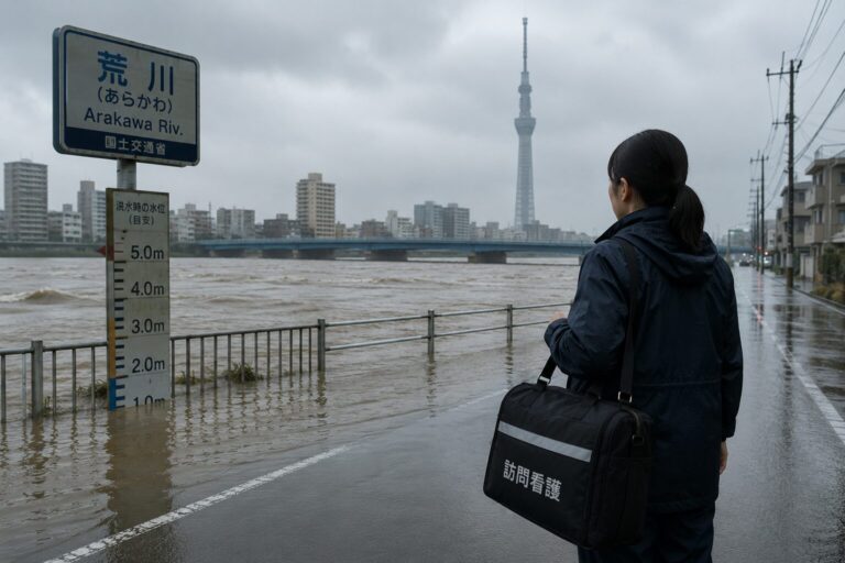 増水した荒川の水位標の前に立つ、訪問看護のバッグを持った看護師