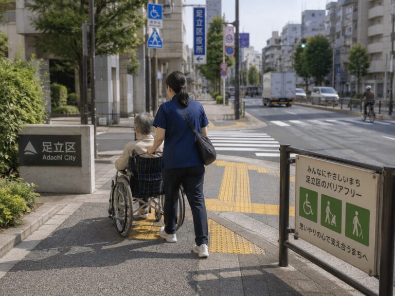 足立区役所前の歩道で車いすを押す看護師と、足立区のバリアフリーを案内する看板