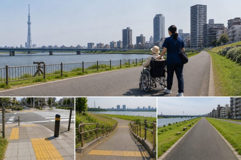 荒川の土手道を車いすを押して進む看護師と、東京スカイツリーを望む対岸。下段に点字ブロックのある歩道と土手道