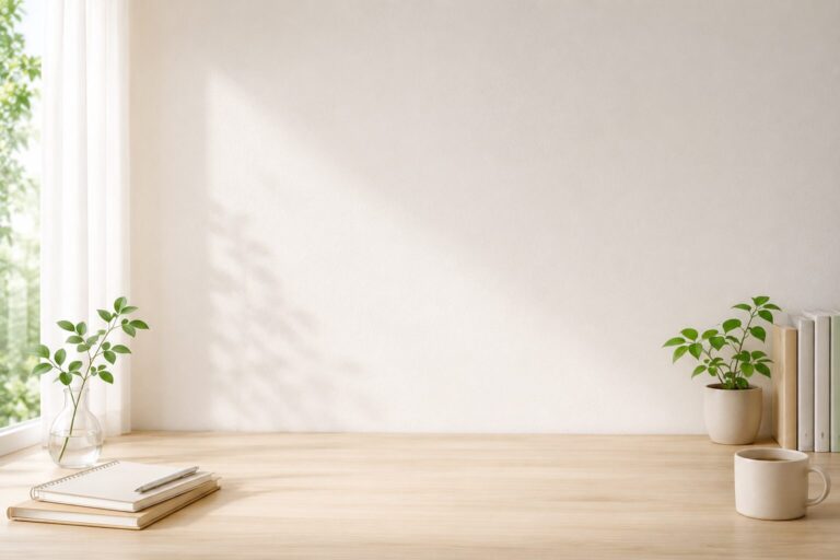白い壁の前の木の机に置かれたノートとペン、観葉植物とマグカップ