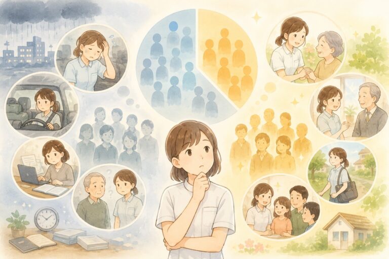 転職を考える看護師を中心に、病院での不安と在宅での関わりを左右に描いたイラスト
