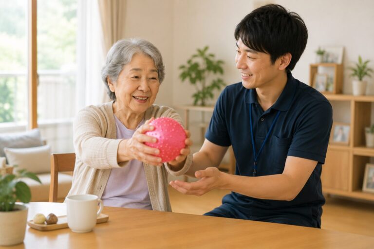 居間の食卓で、高齢の女性が両手でボールを持ち上げ、男性スタッフが向かいで支えている