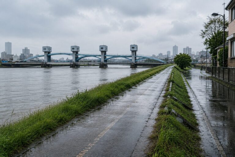 雨の日の荒川の土手道と、対岸に架かる水門のある橋