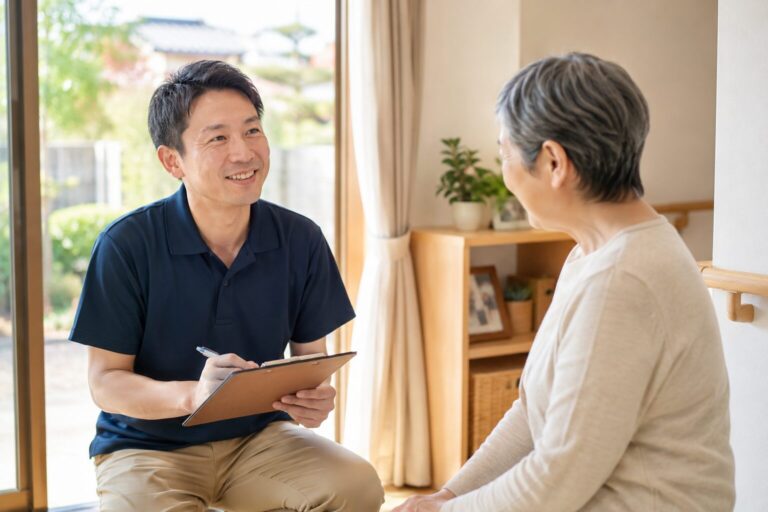 自宅の居間で、クリップボードを持った男性スタッフが高齢の女性と笑顔で話している
