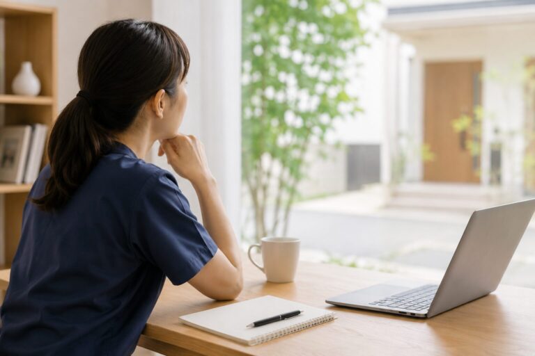 自宅の窓辺の机でノートパソコンに向かい、外を見て考えている看護スタッフ