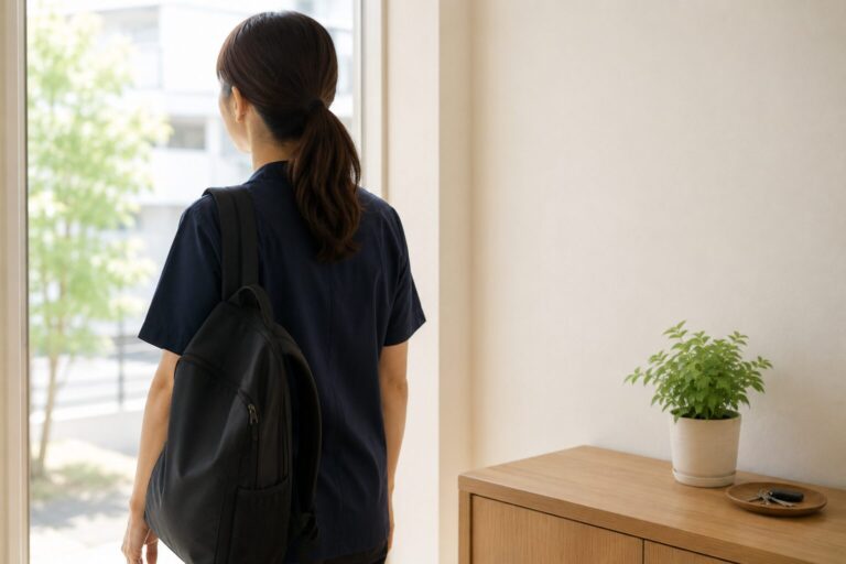 リュックを背負い、玄関先で外を見ている訪問看護のスタッフの後ろ姿