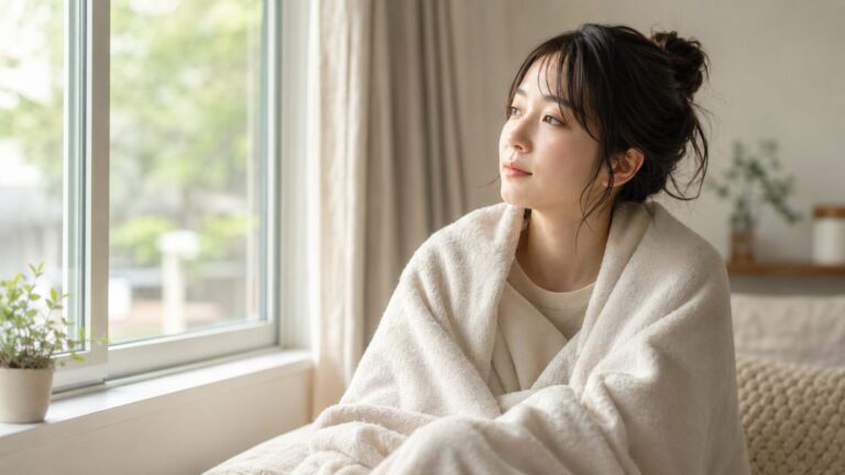窓辺でブランケットにくるまり、外を見ている若い女性