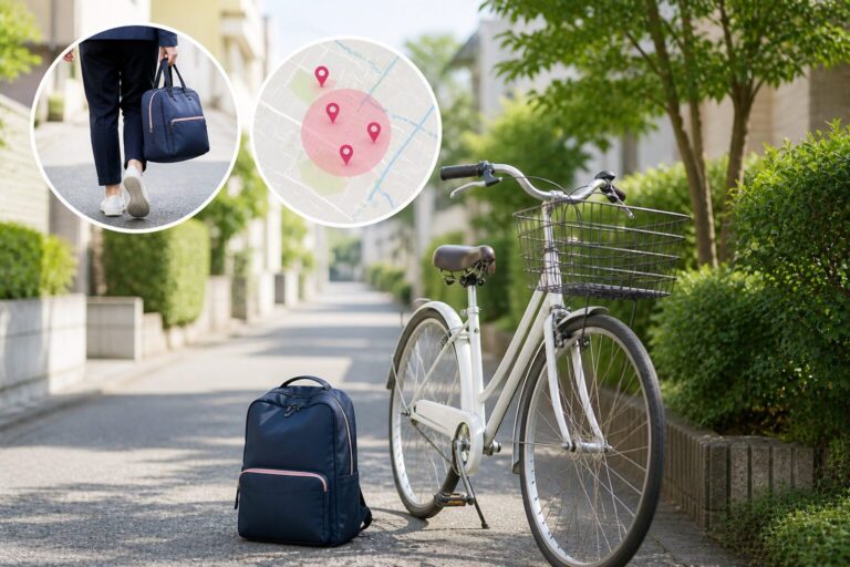 住宅街の道に停めた自転車とリュック、徒歩で移動するスタッフと訪問先を示した地図