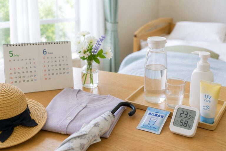 5月と6月のカレンダーと麦わら帽子、日傘、水のボトル、経口補水液と温湿度計