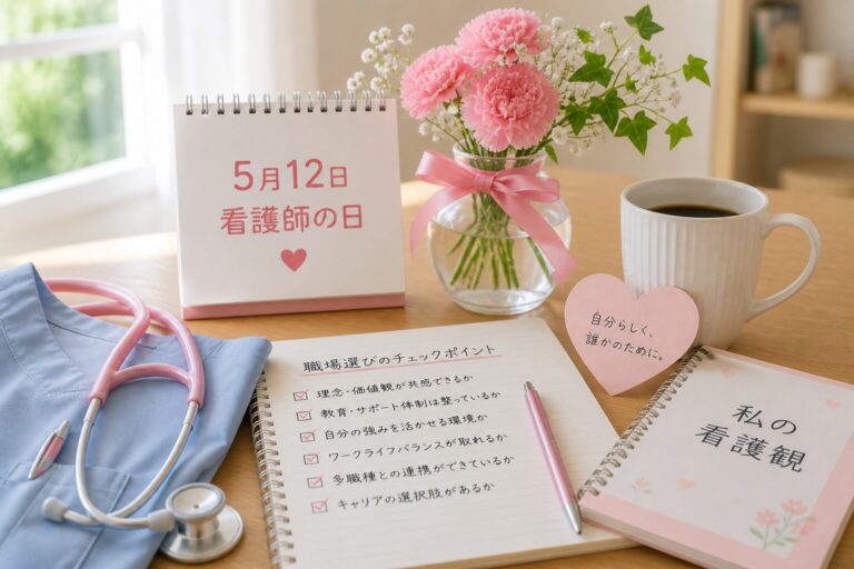 5月12日看護師の日のカレンダーとカーネーション、職場選びのチェックポイントを書いたノートと聴診器