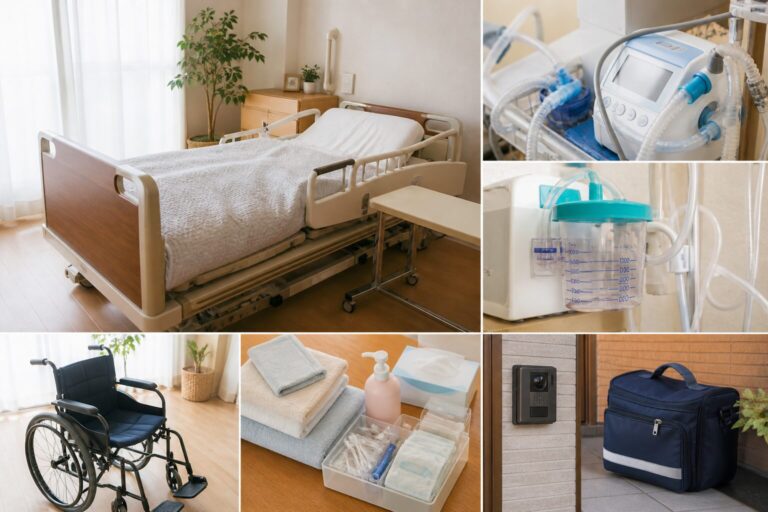 介護用ベッドと人工呼吸器、吸引器、車いす、衛生材料、玄関に置かれた訪問看護のかばんの6枚組