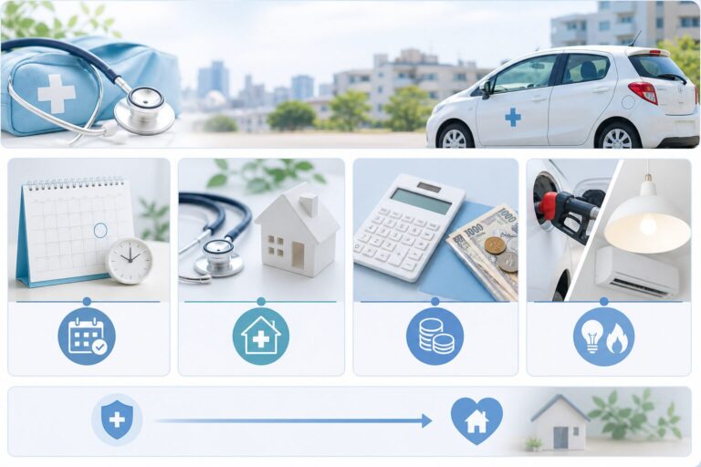 訪問看護のかばんと訪問車、カレンダー、電卓とお金、給油と光熱を表したアイコンの図