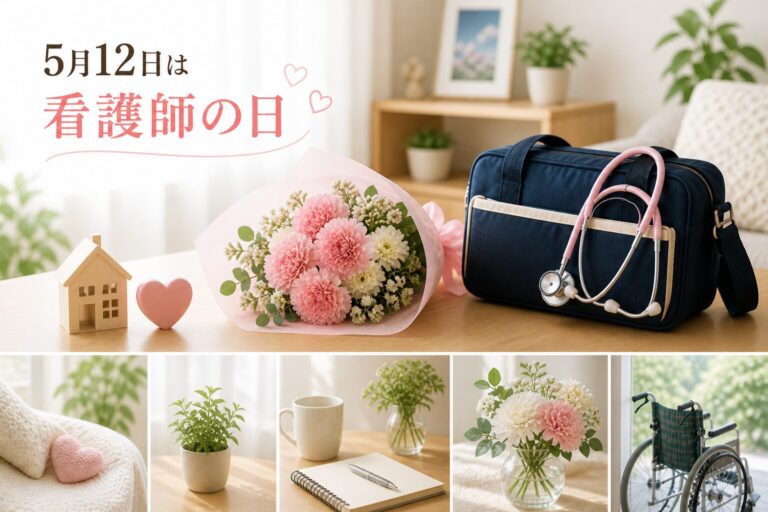 5月12日は看護師の日の見出しと、カーネーションの花束、訪問看護のかばんと聴診器