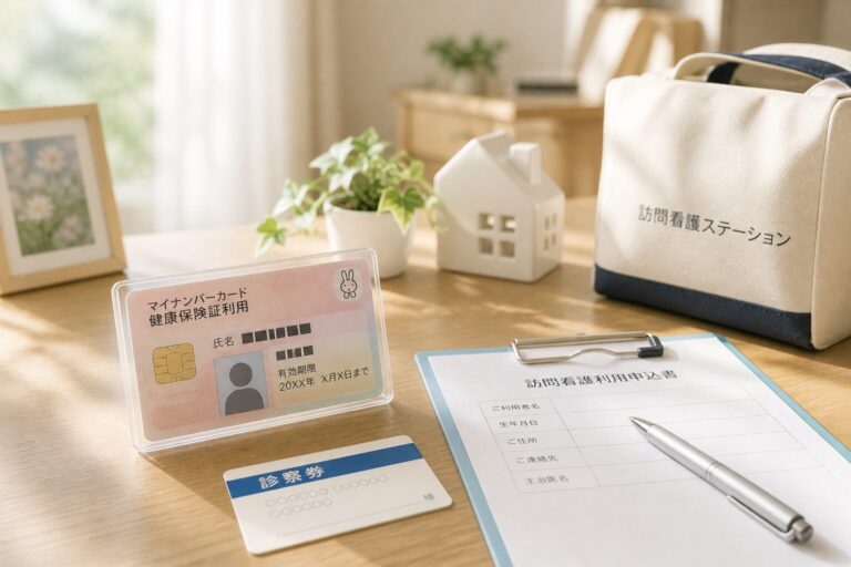 机に置かれたマイナンバーカードの健康保険証利用のカードと診察券、訪問看護利用申込書
