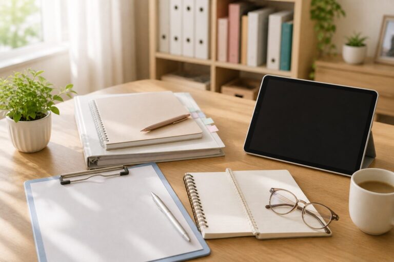 事務所の机に置かれたバインダーとクリップボード、タブレット、眼鏡とマグカップ