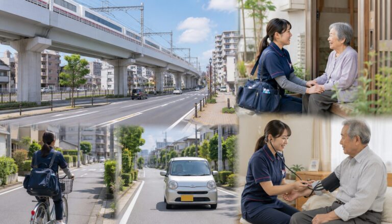 高架下の道路と住宅街、自転車で移動する看護師、訪問先で血圧を測る場面の4枚組
