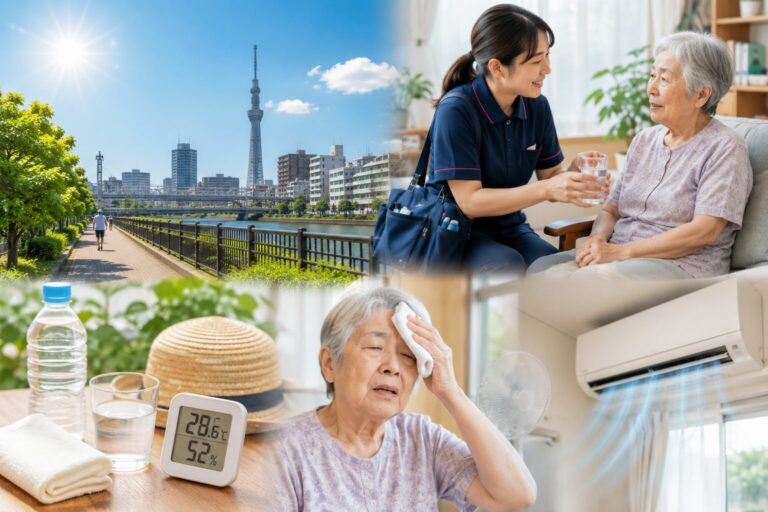 晴れた日の荒川土手とスカイツリー、水分を勧める看護師、汗を拭う高齢の女性、エアコンの4枚組