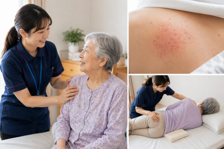 看護師が高齢の女性に付き添う様子と、皮膚に出た赤い発疹、体位を整える場面の3枚組