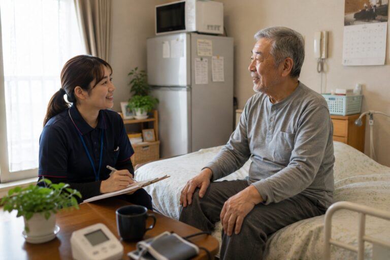 自室のベッドに腰かけた高齢の男性と、記録を取りながら話を聞く看護師。手前に血圧計
