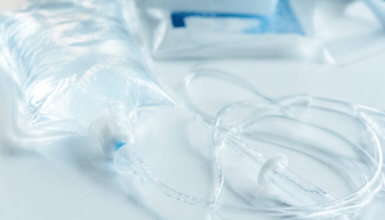 腹膜透析に使う透明な透析液のバッグと接続チューブ
