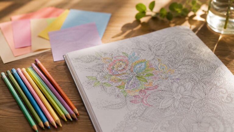 木の机に広げた塗り絵の本と色鉛筆、色紙