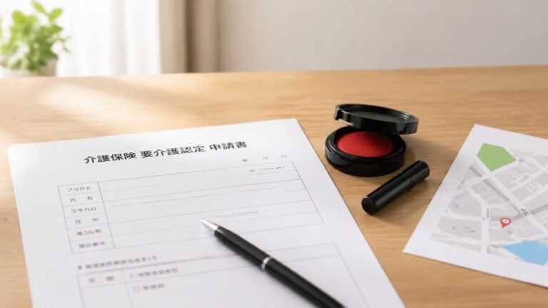 机に置かれた介護保険の要介護認定申請書と、ペン、朱肉
