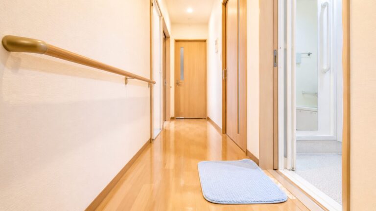 手すりの付いた住宅の廊下と、浴室の入り口に敷いたバスマット