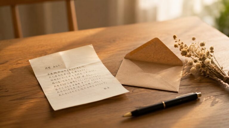 木の机に置かれた手書きの手紙と封筒、ペン、ドライフラワー