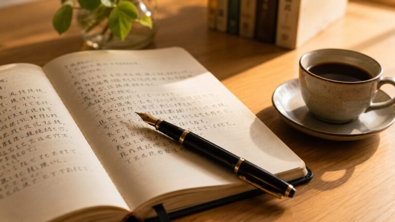 木の机に開いた日記帳と万年筆、コーヒーカップ、奥の本棚