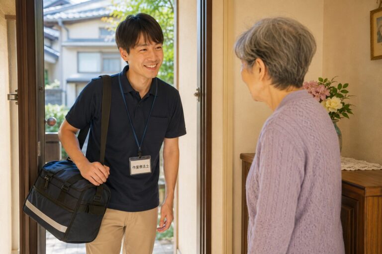 訪問先の玄関で、名札とかばんを持った男性の理学療法士が高齢の女性と笑顔で挨拶している