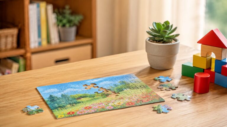 子ども部屋の机に広げた風景のジグソーパズルと積み木、多肉植物