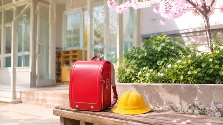 朝の光の小学校の昇降口、木のベンチに置かれた赤いランドセルと黄色い帽子